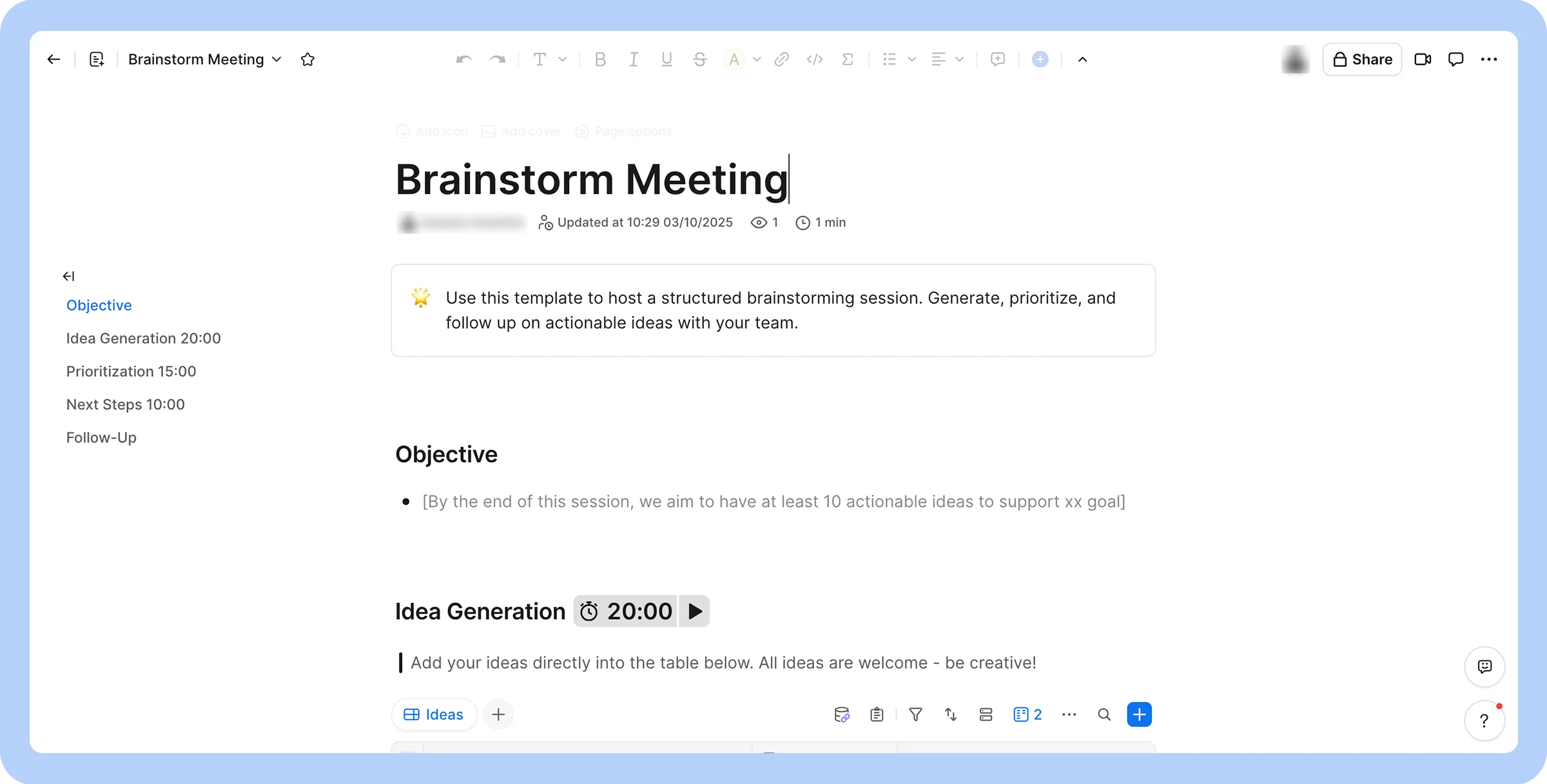 Screenshot of the Zoom Docs interface in action showcasing its features and capabilities in a brainstorming example