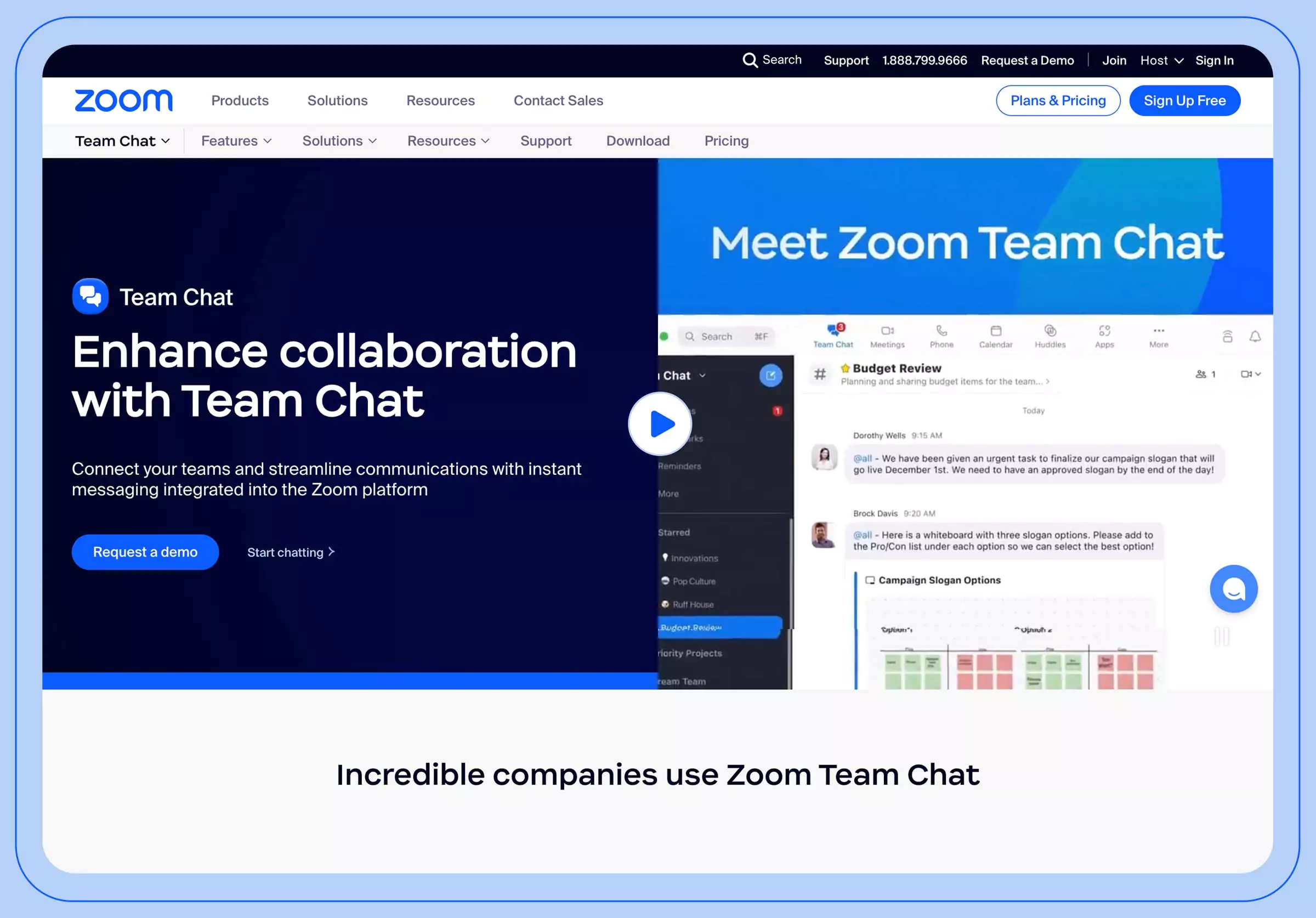 Screenshot depicting the Zoom Team Chat website landing page