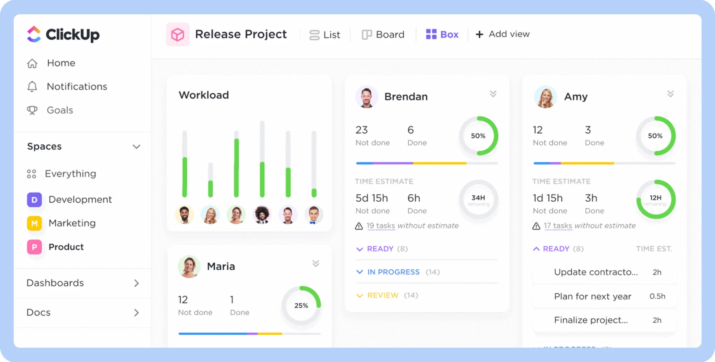 Screenshot of the ClickUp dashboard showcasing its interface from a user standpoint