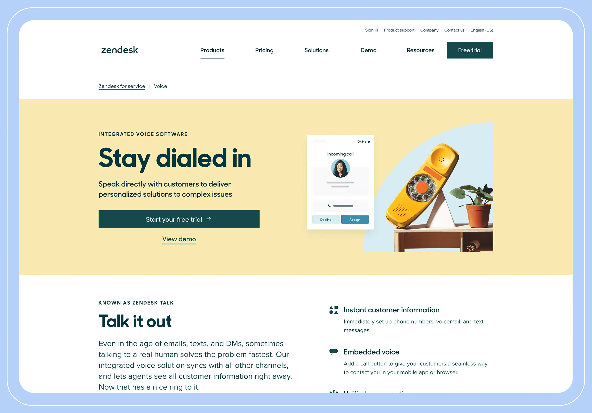 Screenshot depicting the Zendesk Talk website landing page