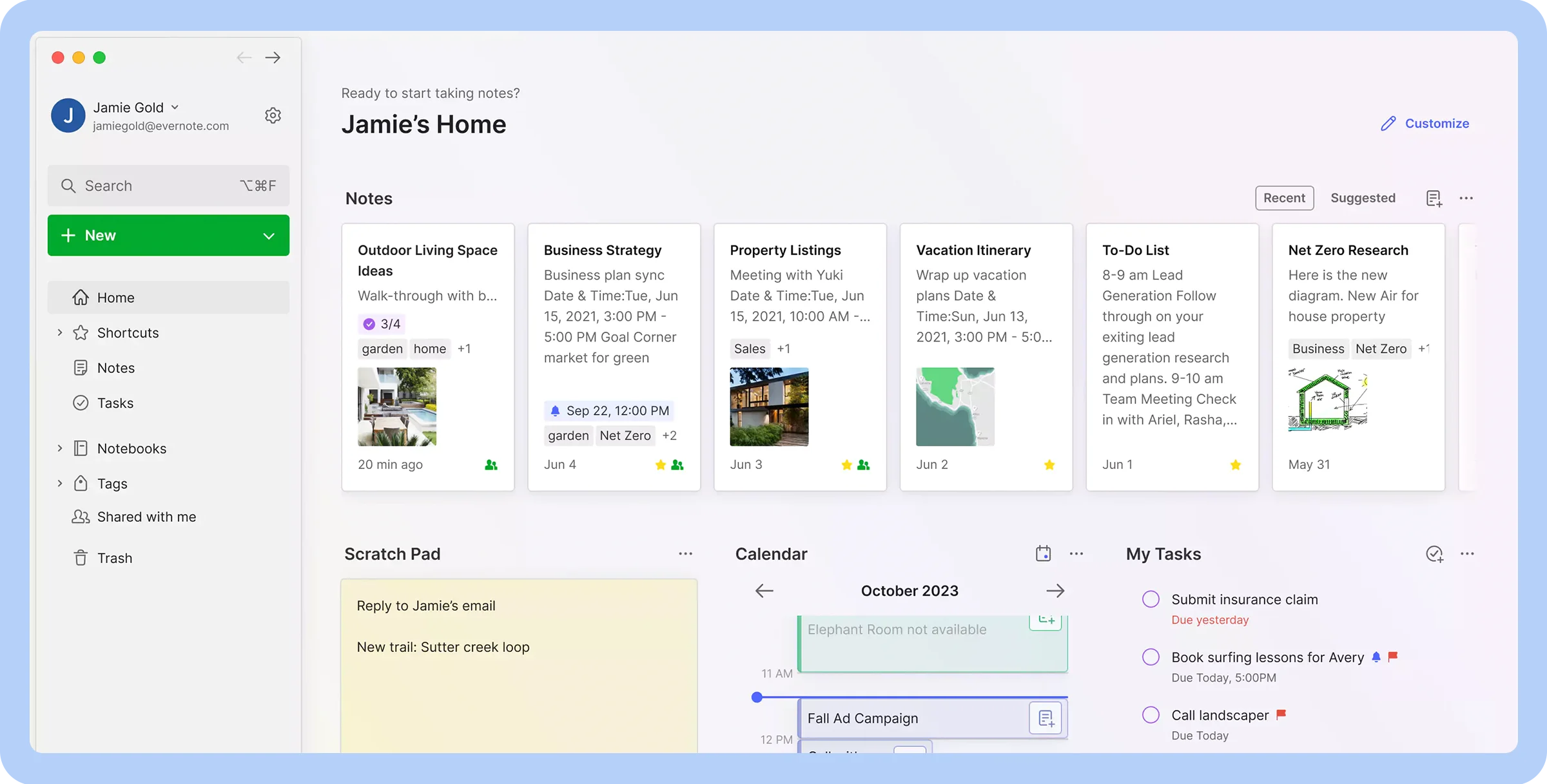 Screenshot of the Evernote dashboard showcasing its interface from a user standpoint