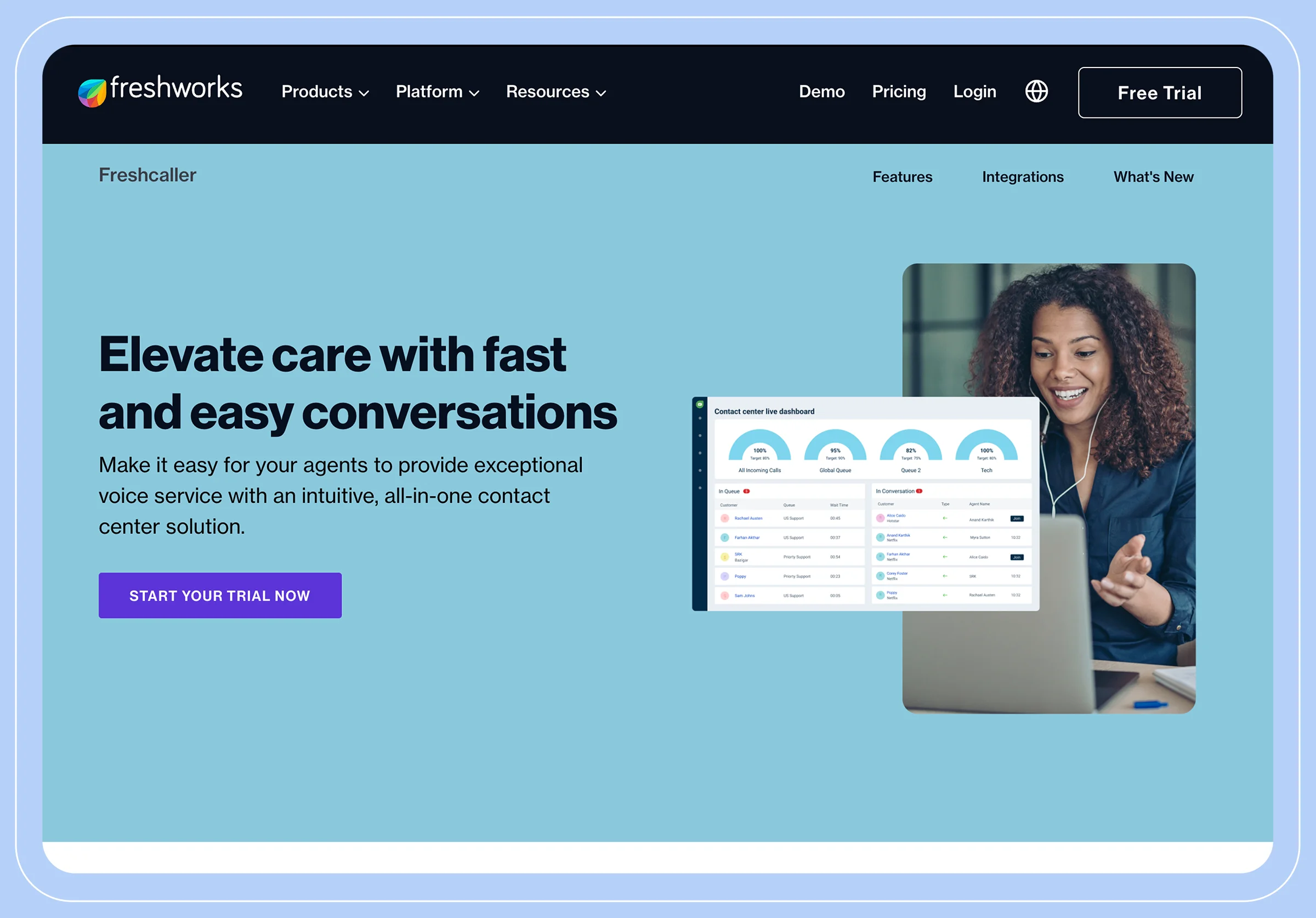 Screenshot depicting the Freshcaller website landing page