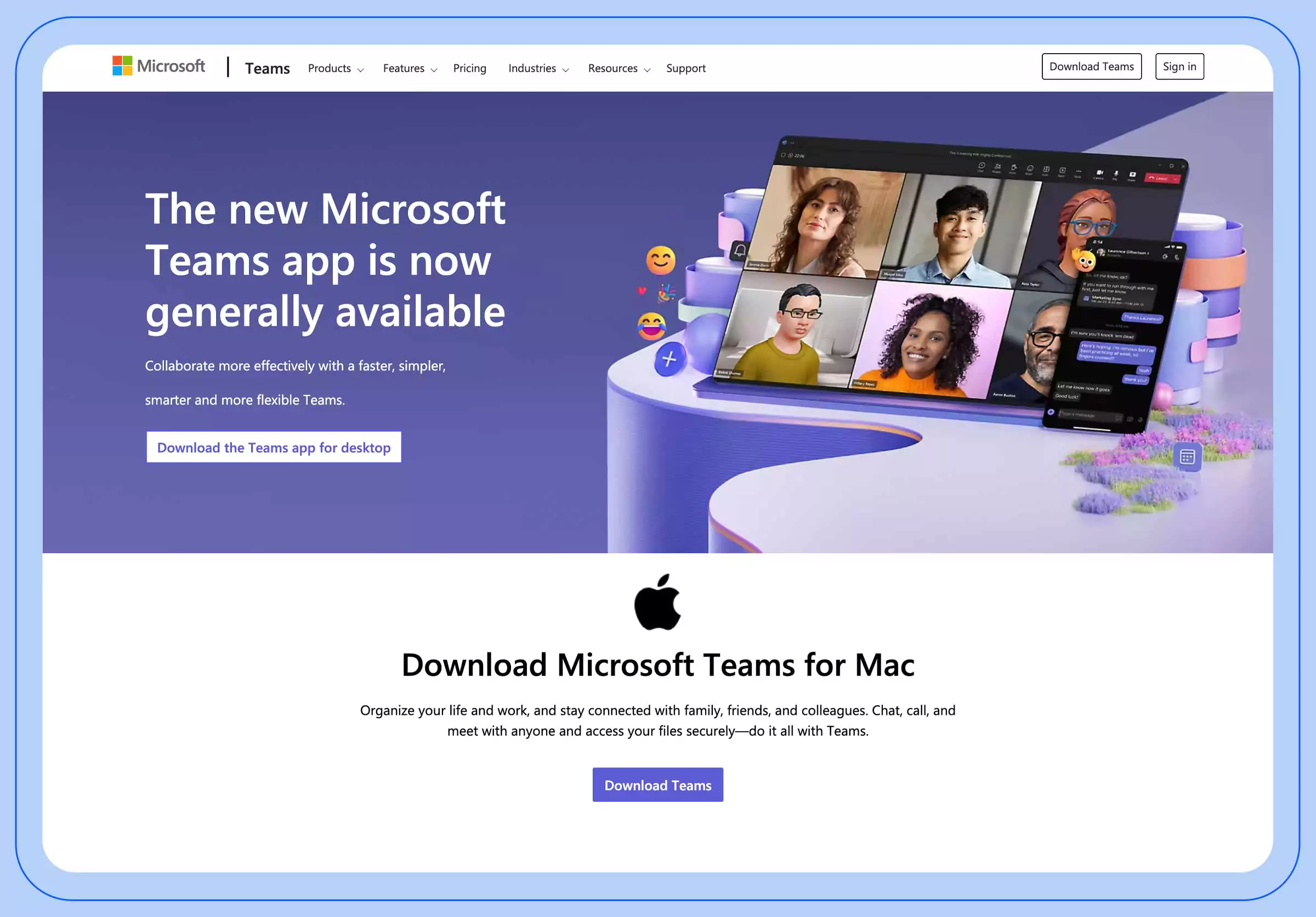 Screenshot depicting the Microsoft Teams Chat website landing page