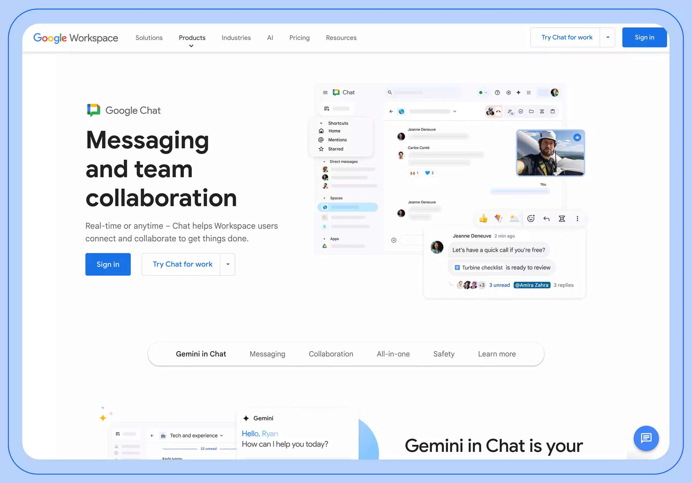 Screenshot depicting the Google Chat website landing page