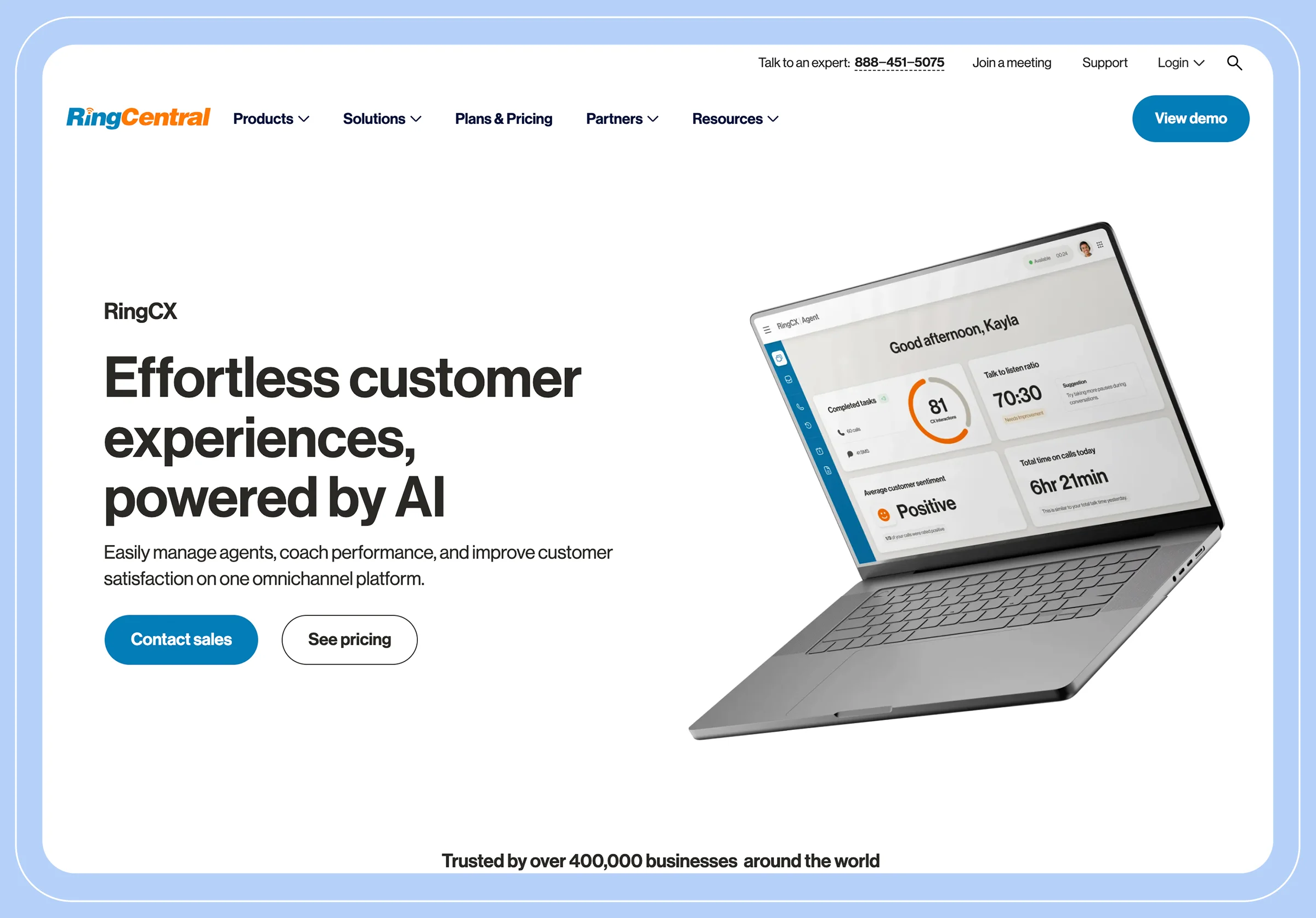 Screenshot of RingCentral’s RingCX landing page