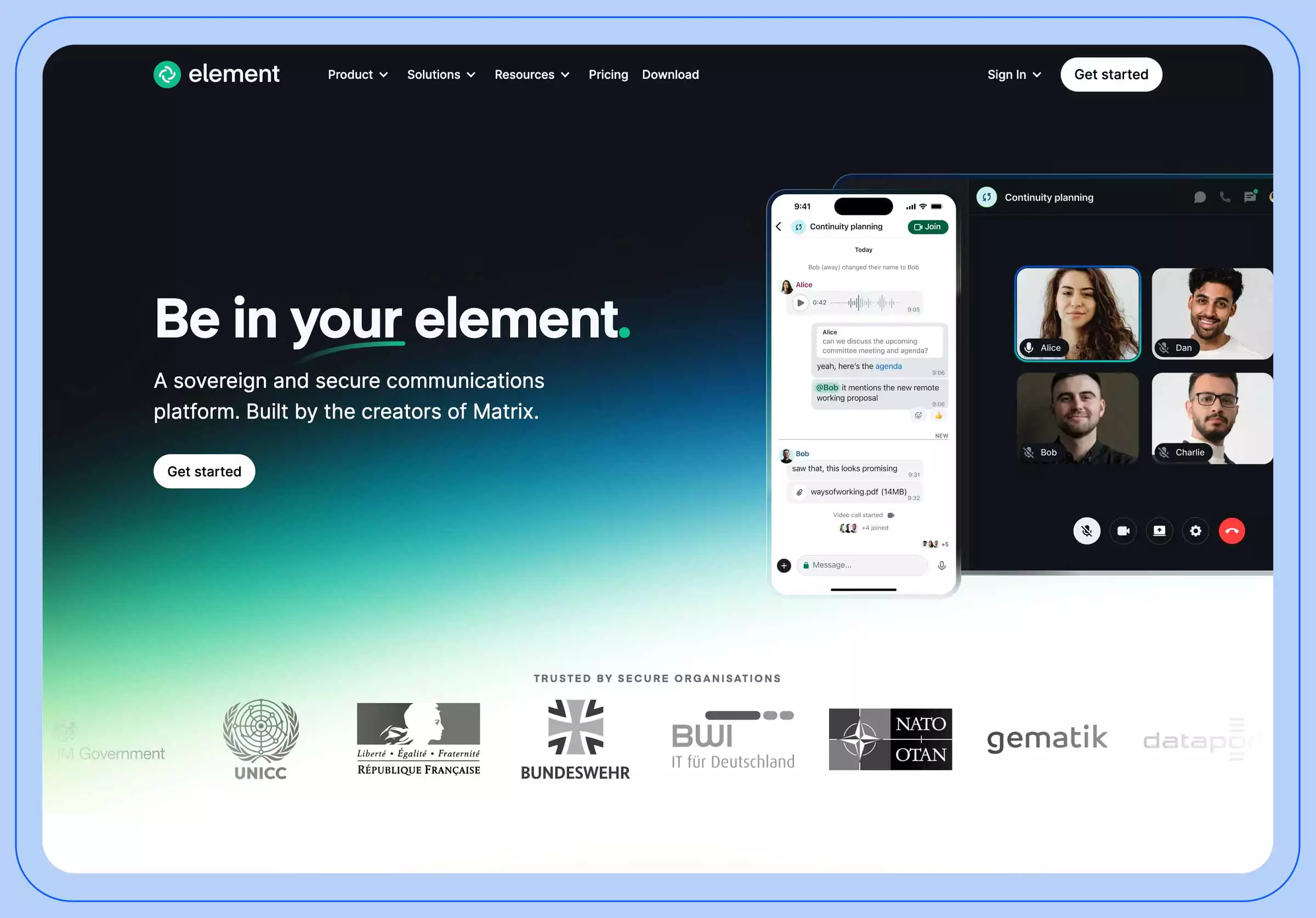 Screenshot depicting the Element Chat website landing page