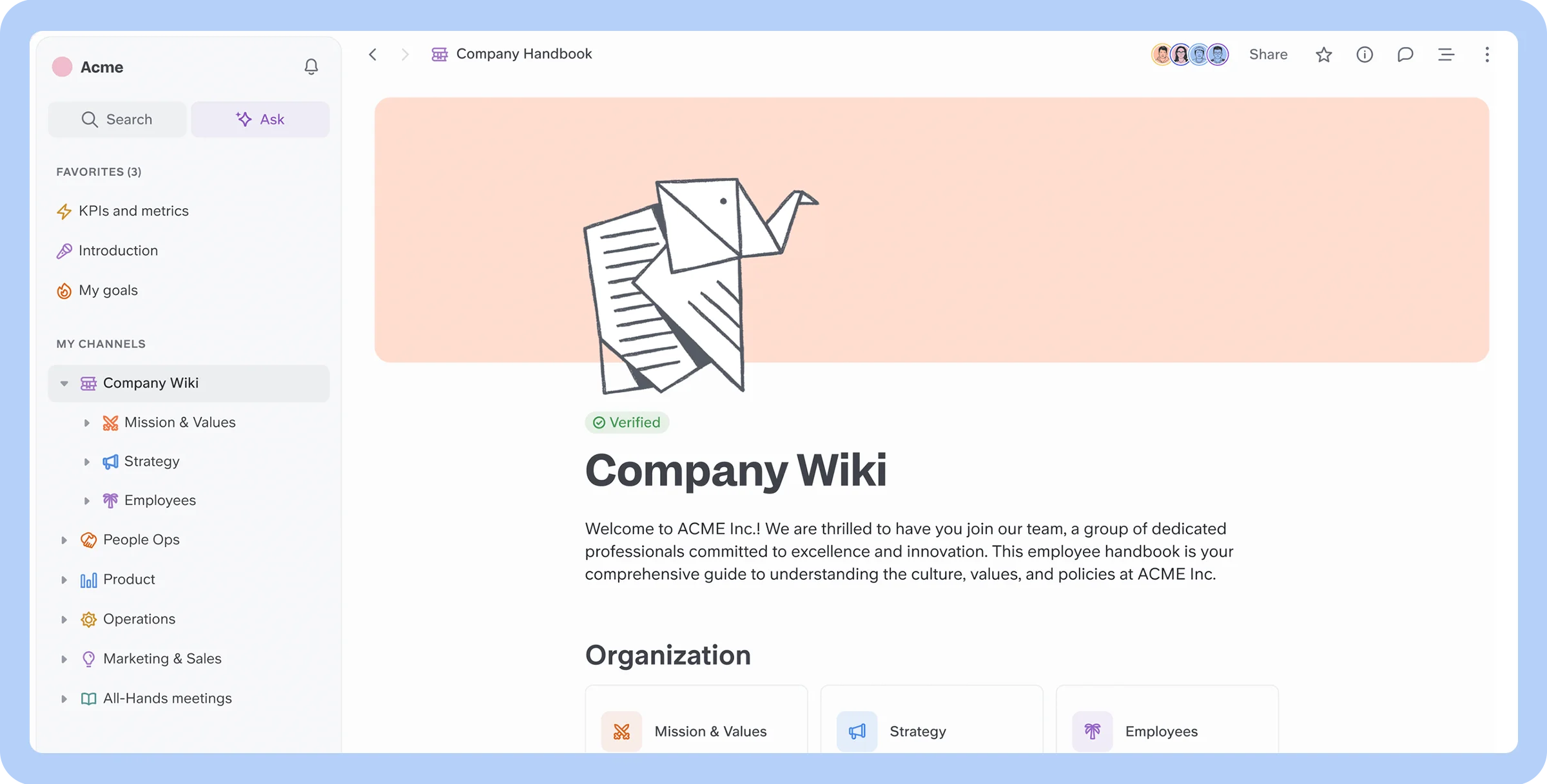 Screenshot of the Slite dashboard showcasing its interface from a user standpoint