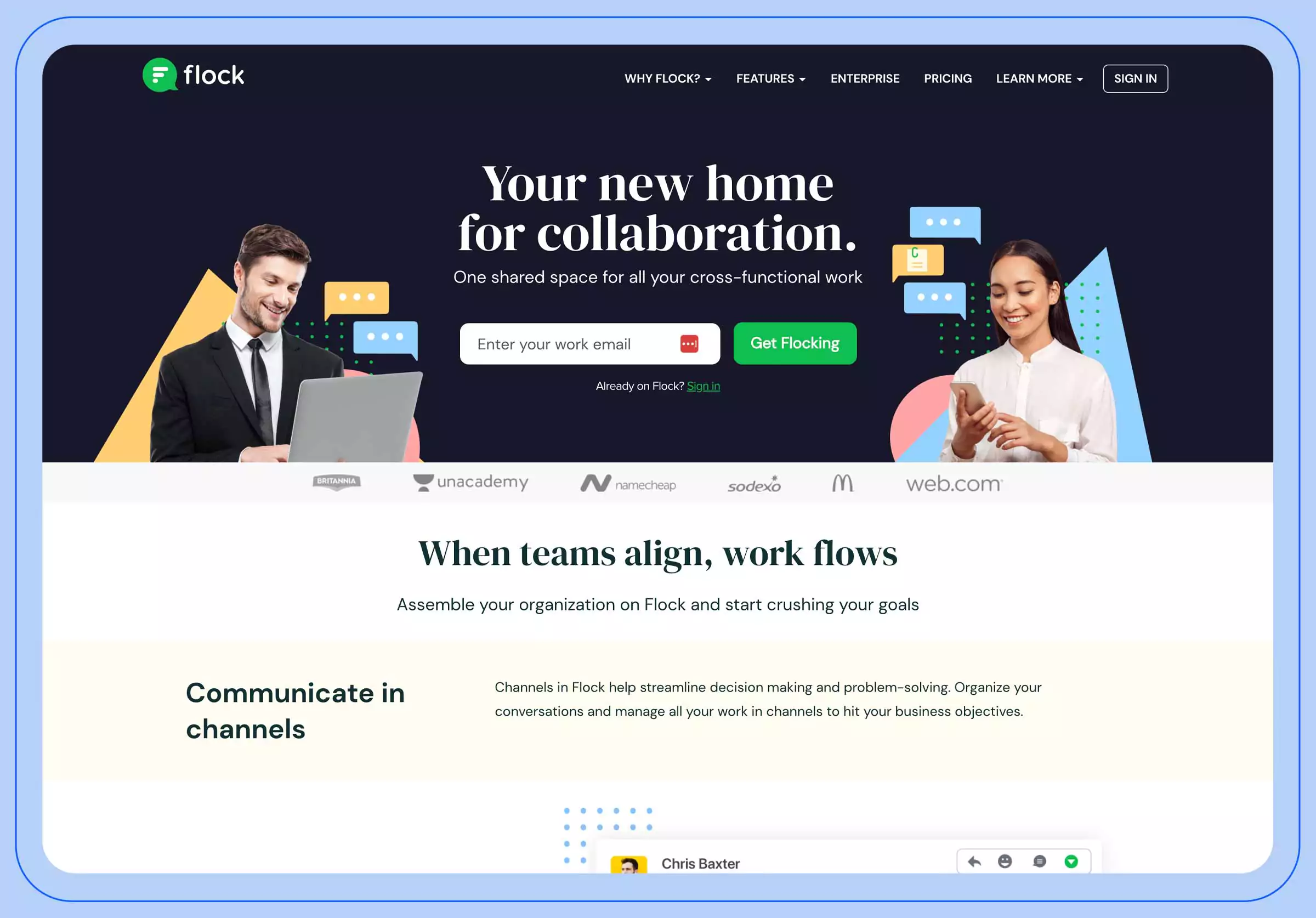 Screenshot depicting the Flock Chat website landing page