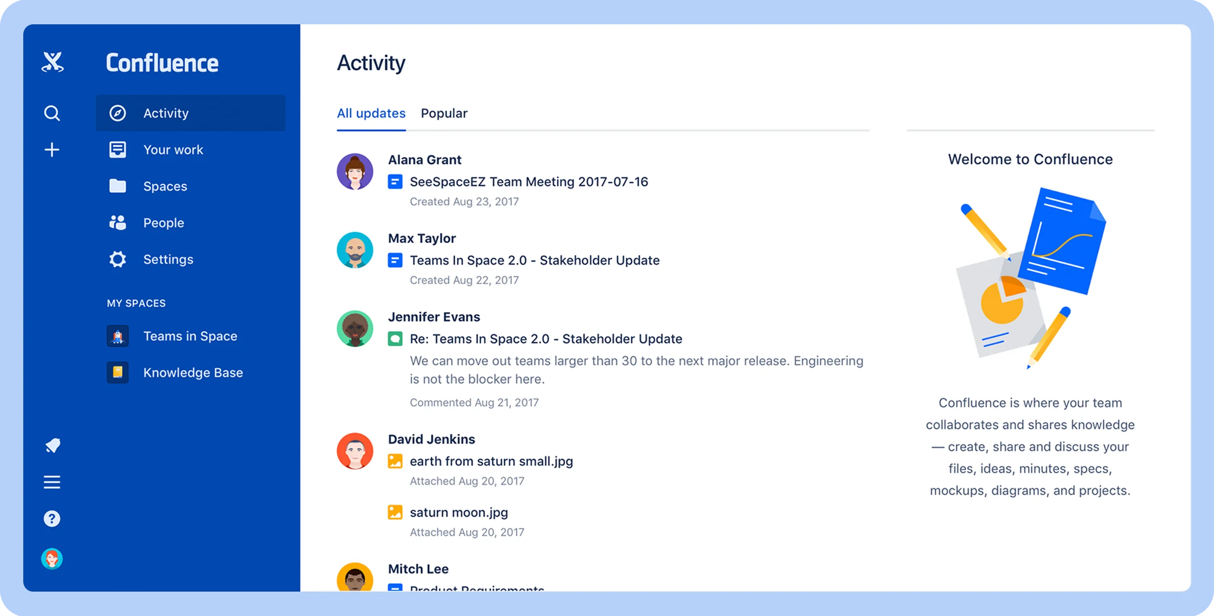 Screenshot of the Confluence dashboard showcasing its interface from a user standpoint