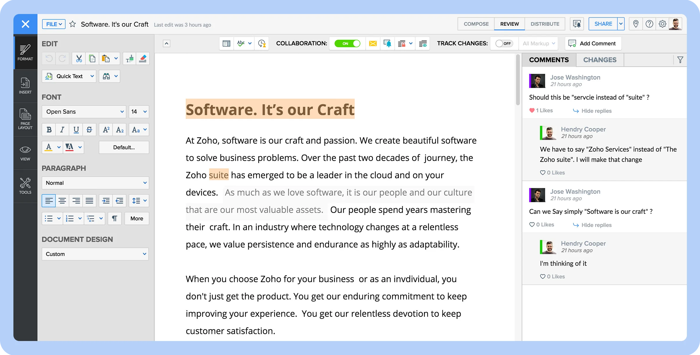 Screenshot of the Zoho Writer dashboard showcasing its interface from a user standpoint