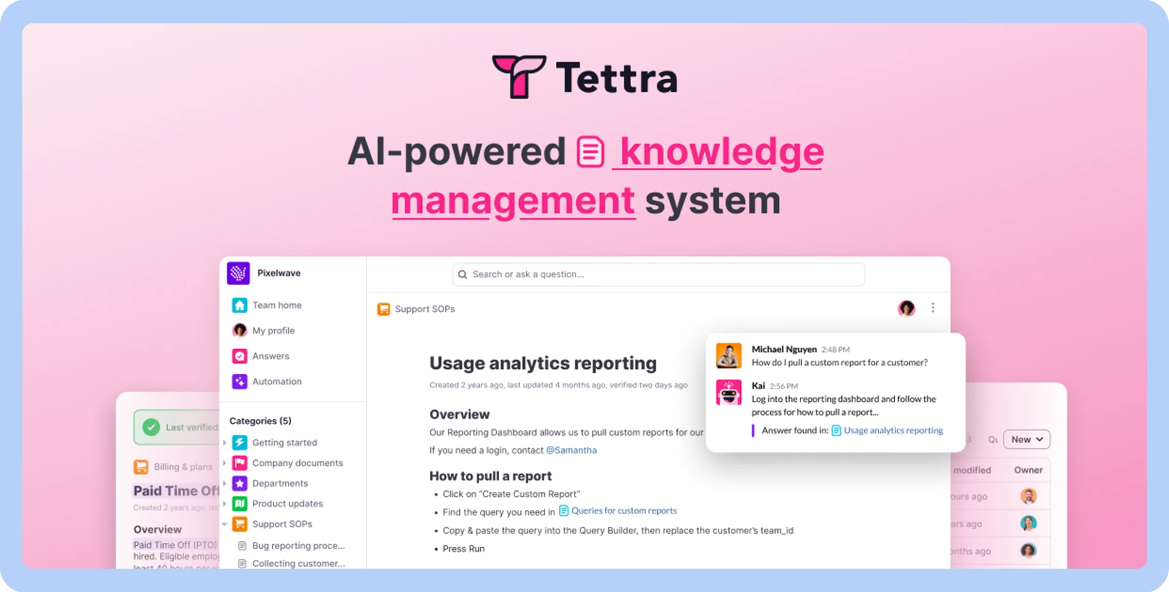 Screenshot of the Tettra dashboard showcasing its interface from a user standpoint