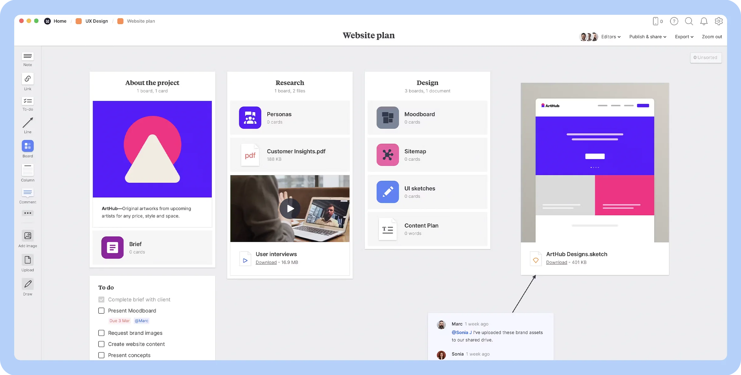 Screenshot of the Milanote dashboard showcasing its interface from a user standpoint