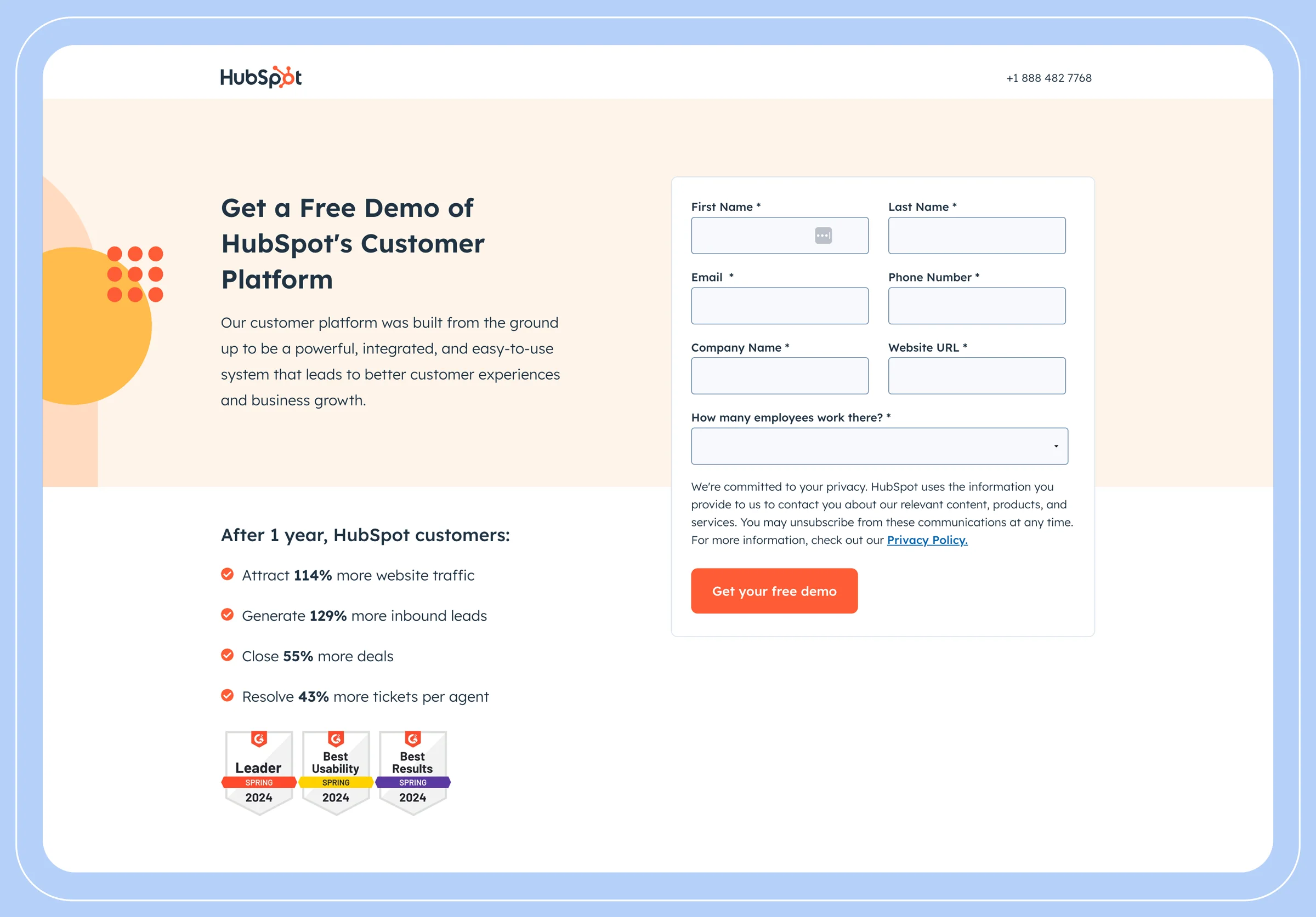 Screenshot depicting the hubSpot website landing page