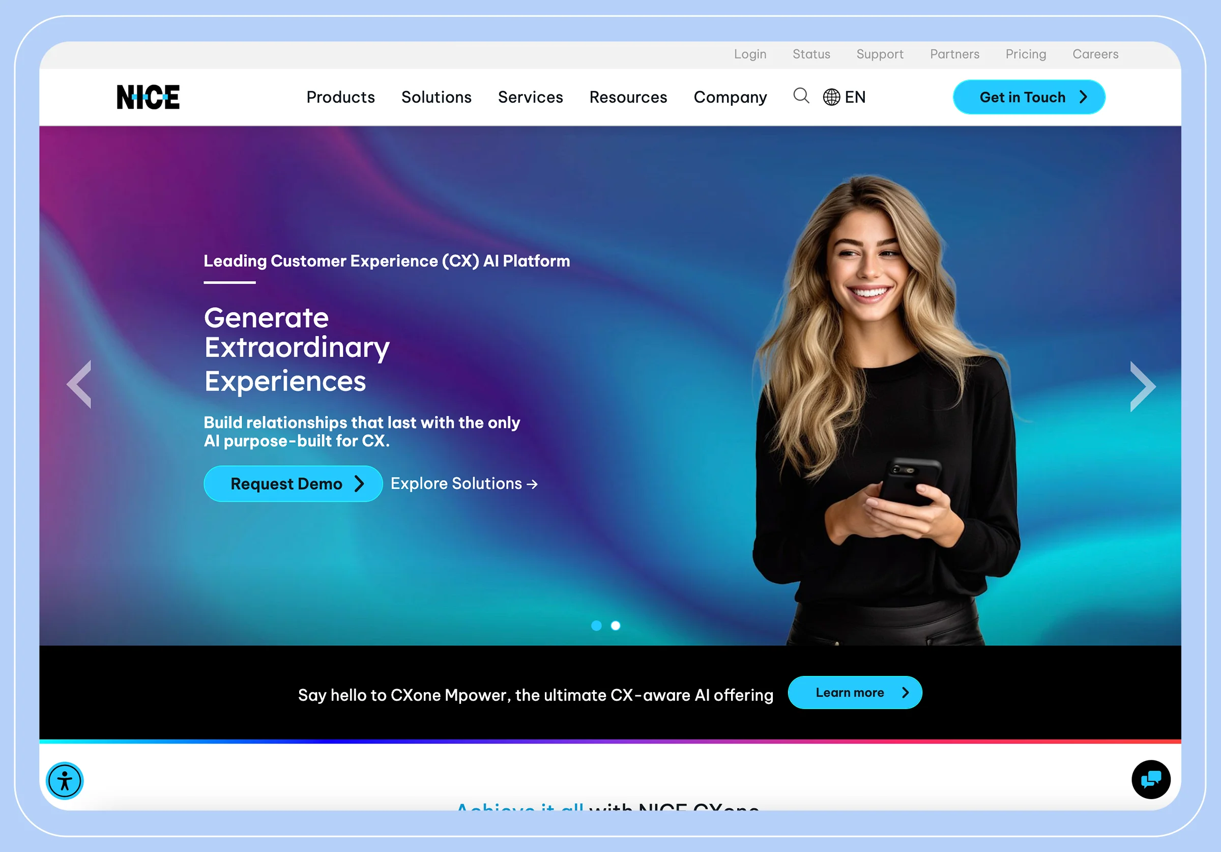 Screenshot depicting the NICE CXone website landing page