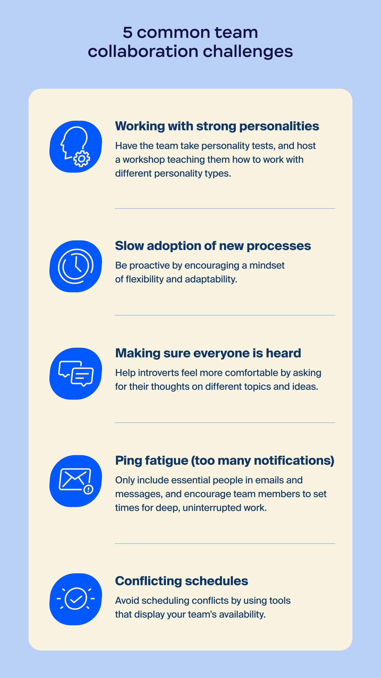 Graphic of illustrated person thinking and list of 5 team collaboration challenges