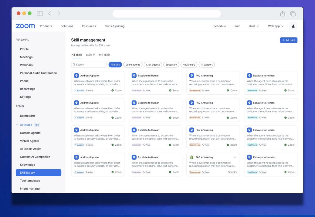 Zoom Virtual Agent Skill Library
