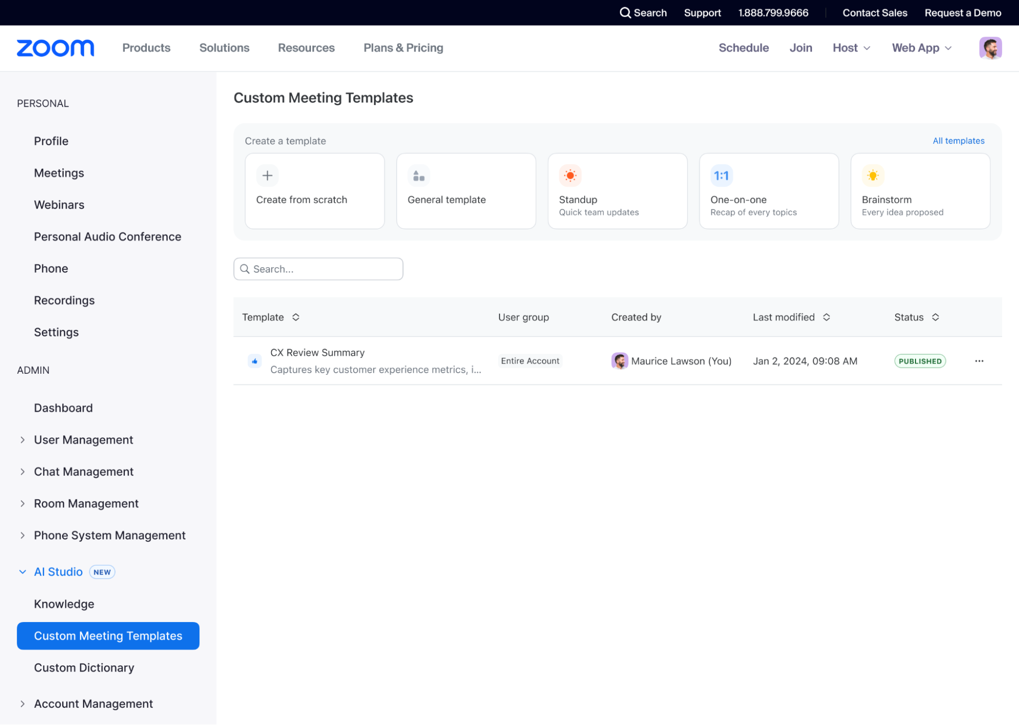 Admins can create custom meeting summary templates in Zoom AI Studio.