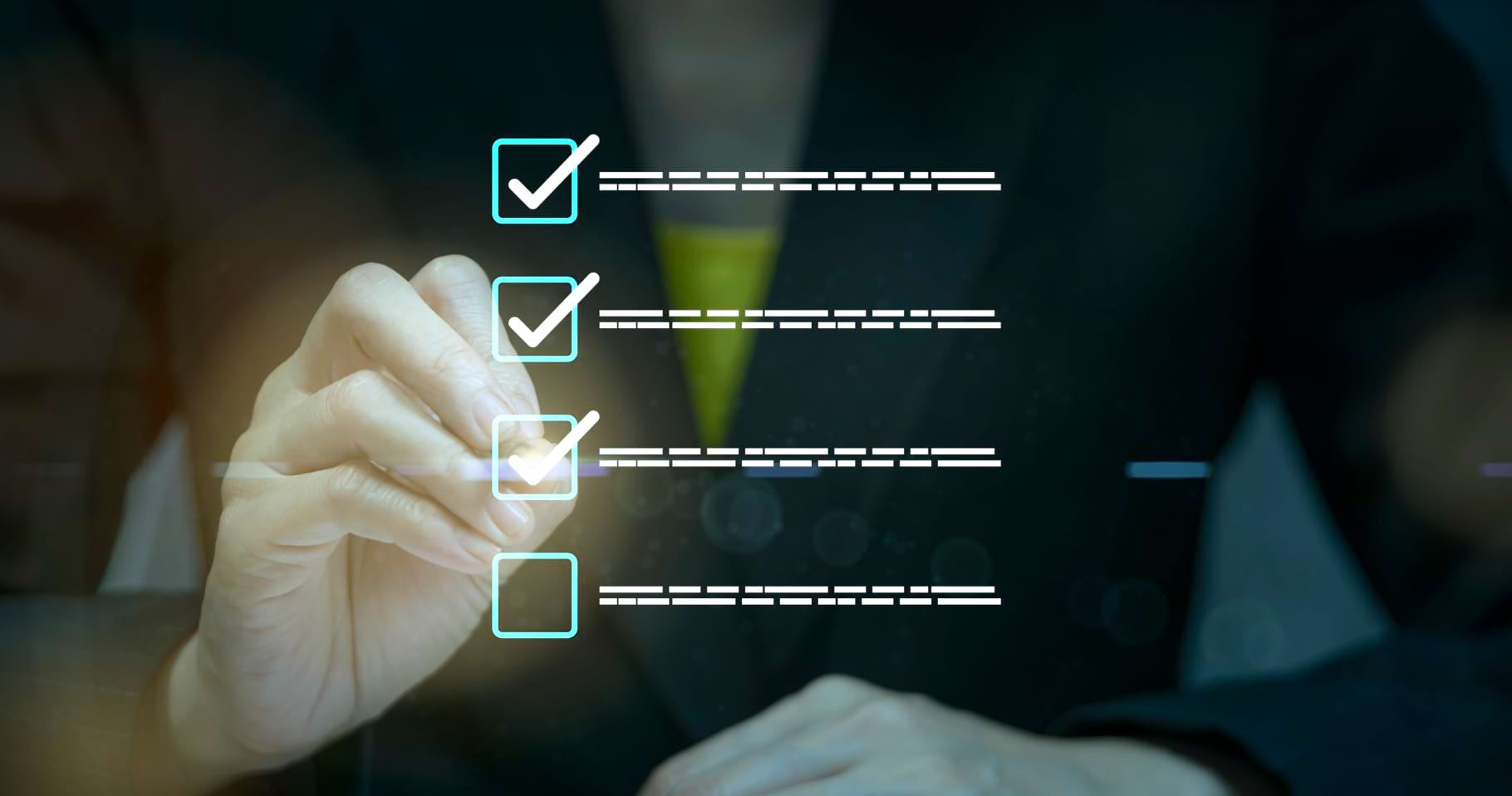 A behind the screen view of a person checking off a digital checklist on a screen. 