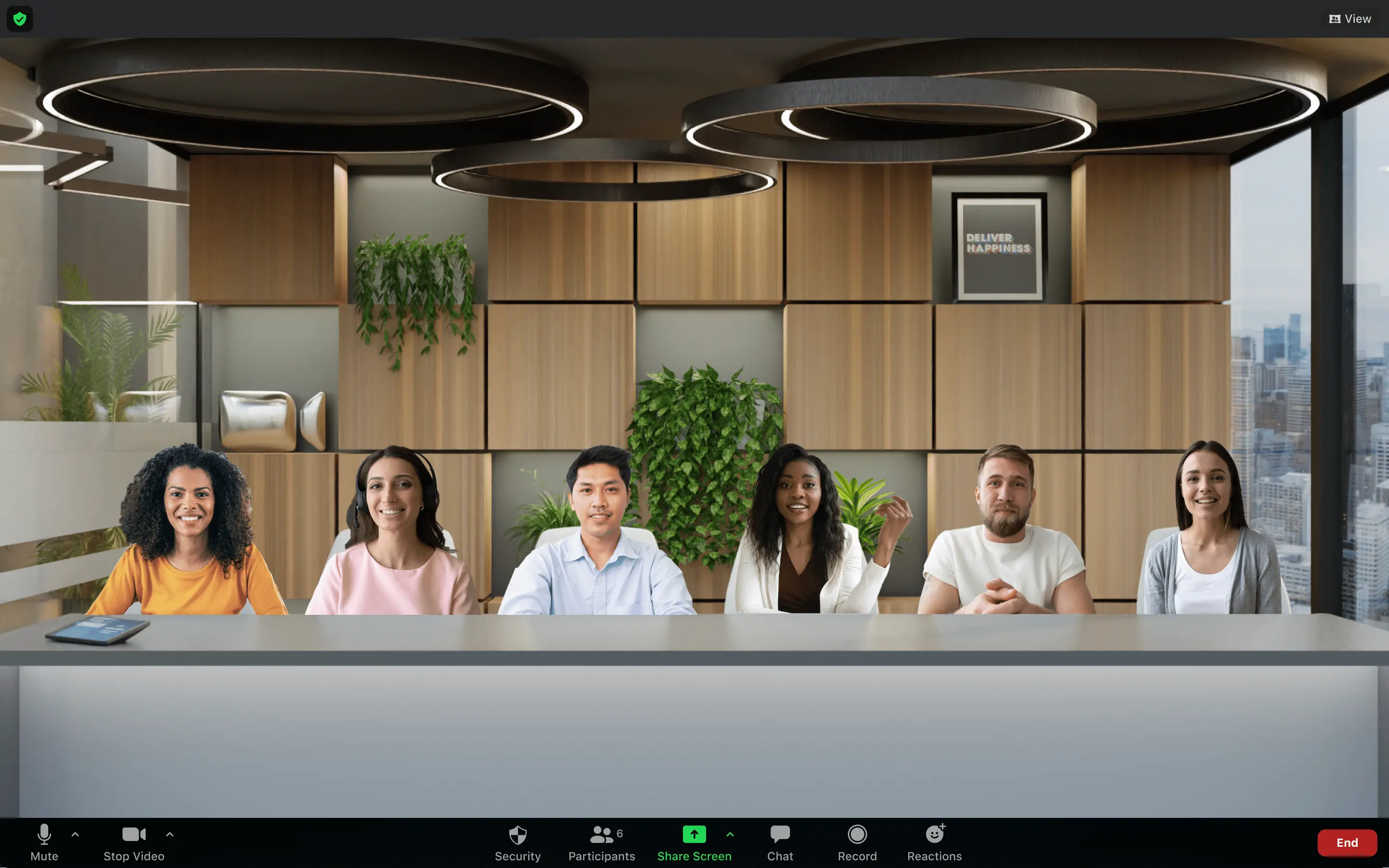 Zoom's immersive Ansicht zeigt fünf Meetingteilnehmer in einer gemeinsamen virtuellen Szene