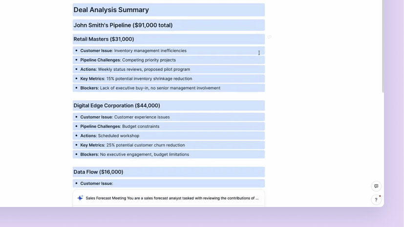 Sales forecast summaries