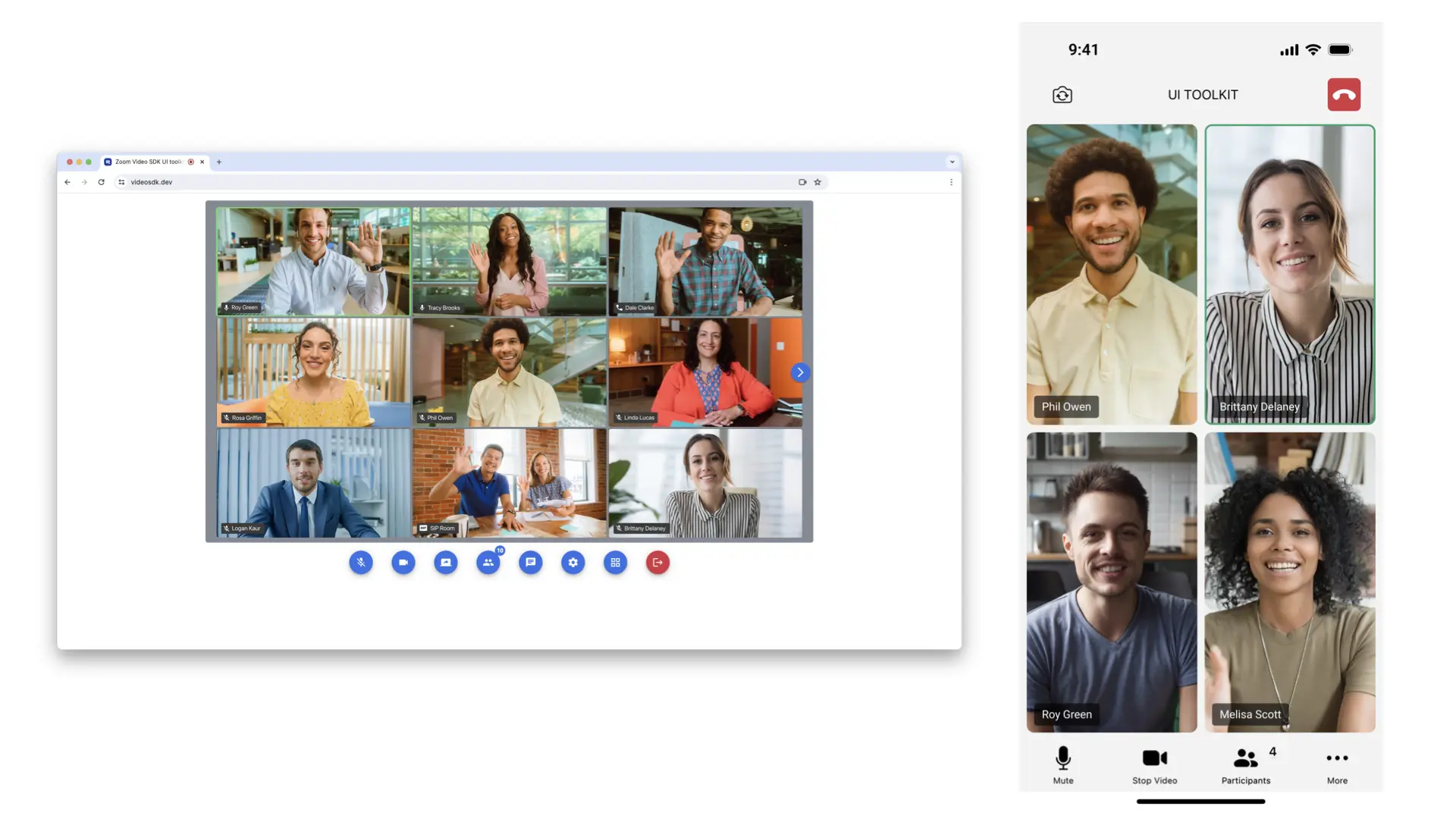 The Zoom Video SDK UI Toolkit implemented in web app (left) and on mobile (right.)
