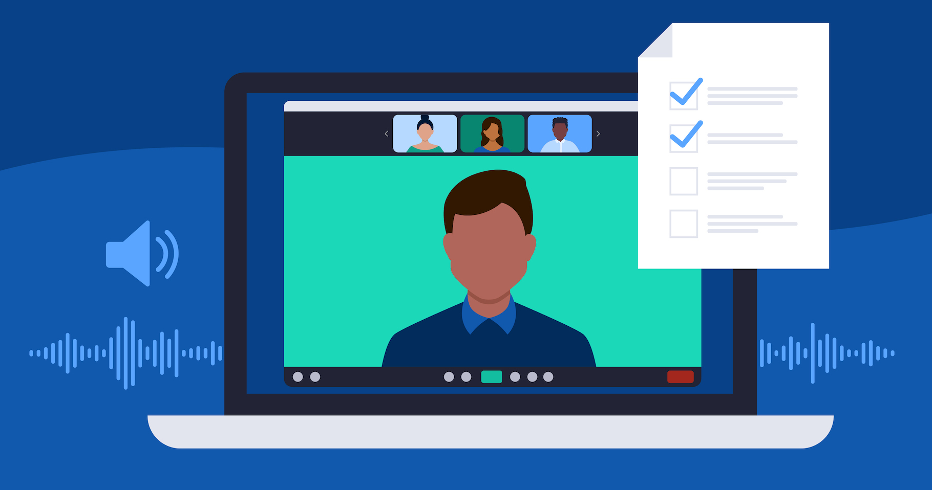 Ilustração gráfica do aplicativo Zoom em execução em um laptop, ao lado de uma lista de verificação em papel