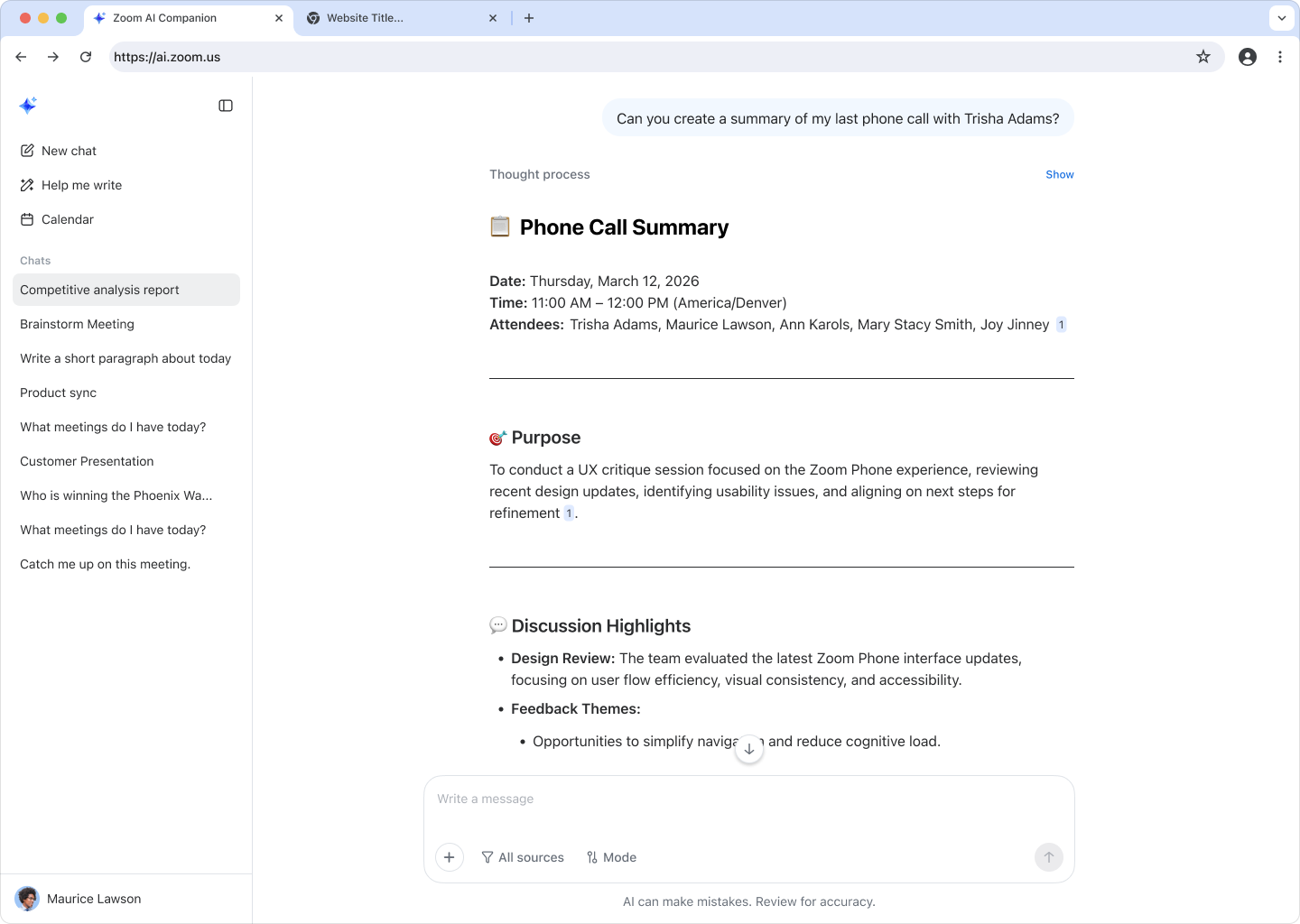 Zoom Phone as a data source in AI Companion on the web