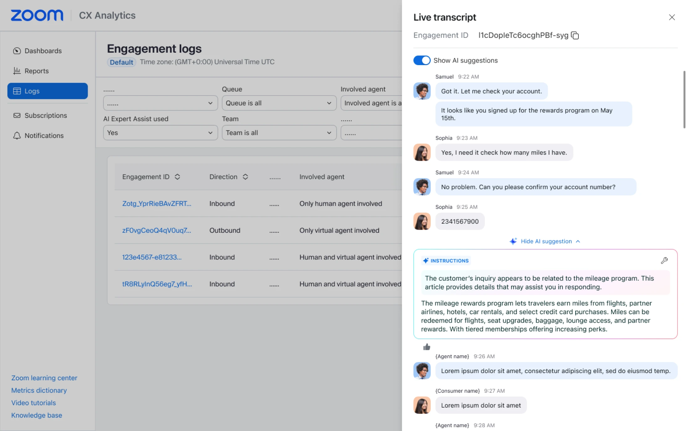 AI Expert Assist Agent Tracing in Engagement Logs