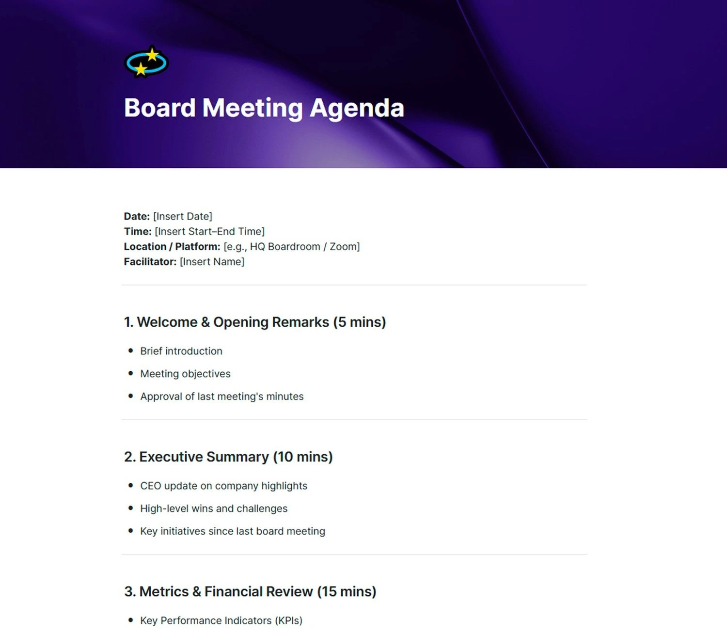 Board meeting agenda