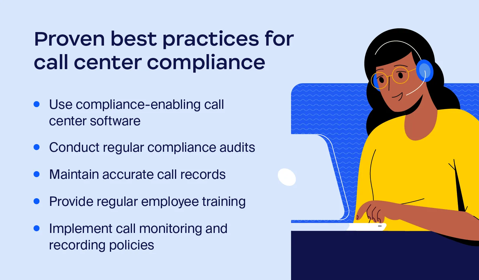 Image of smiling call center employee beside list of best practices for call center compliance