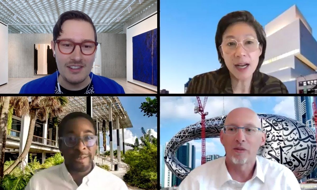 image of Zoom webinar with four people in gallery view with virtual backgrounds of museums