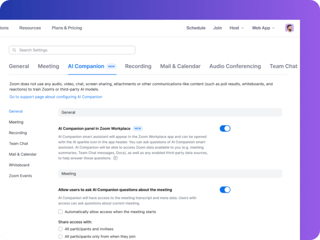 User and In-Meeting controls