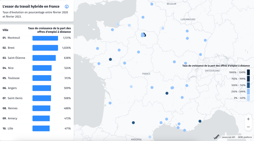 Aperçu de l’essor du travail hybride en France entre février 2020 et février 2023 via une carte interactive