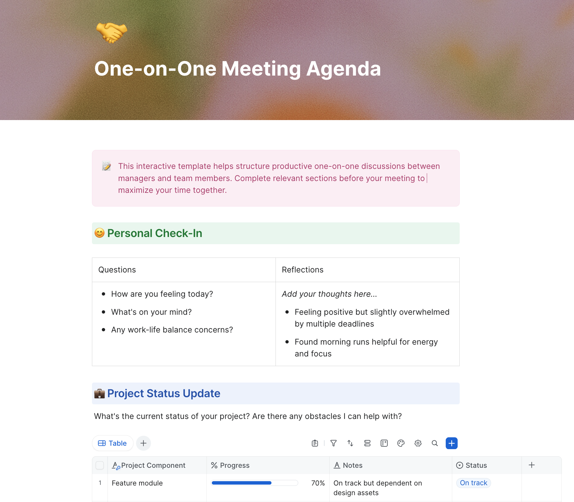 A one-on-one meeting agenda template