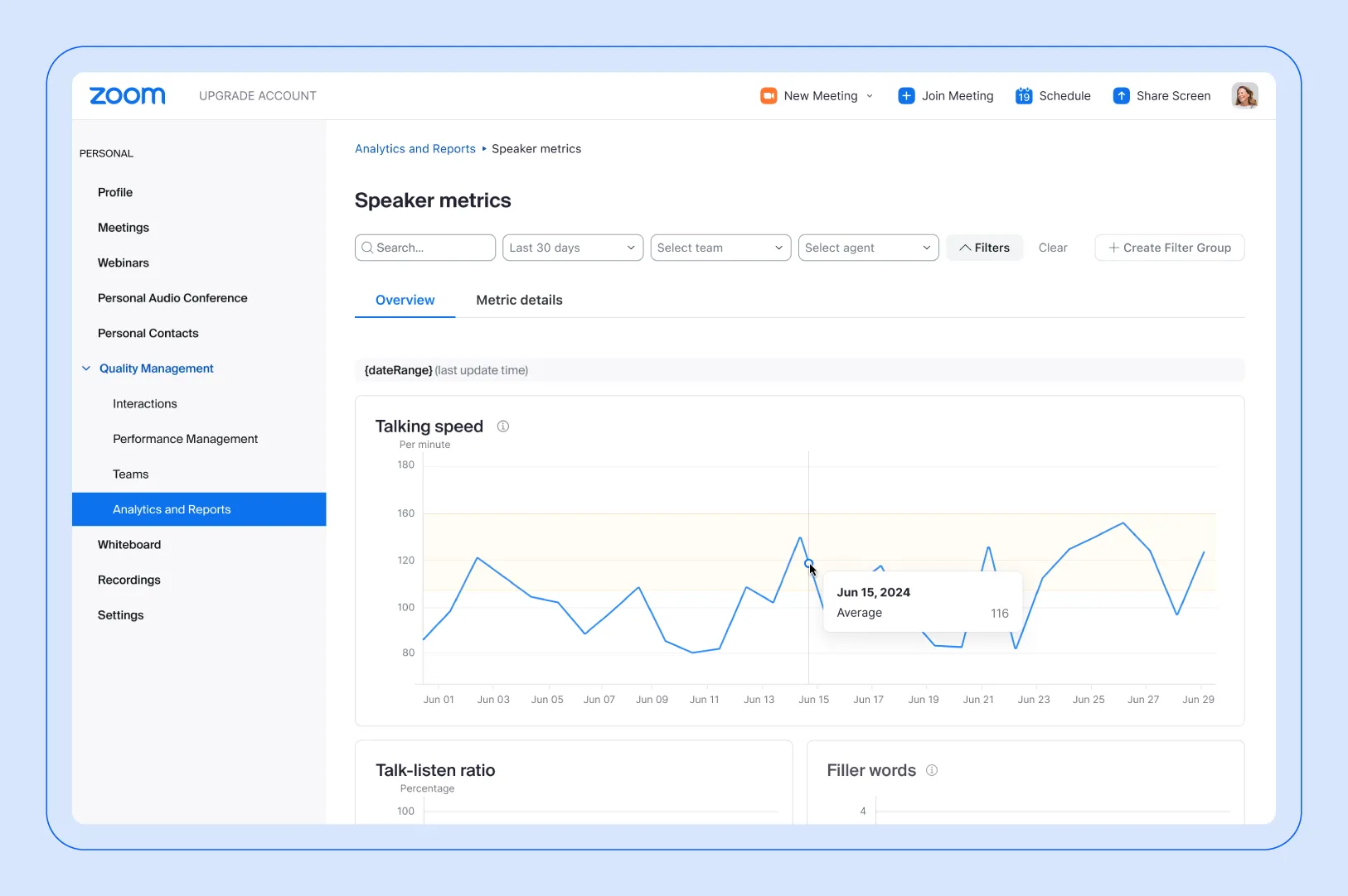 Zoom’s speaker metrics dashboard.