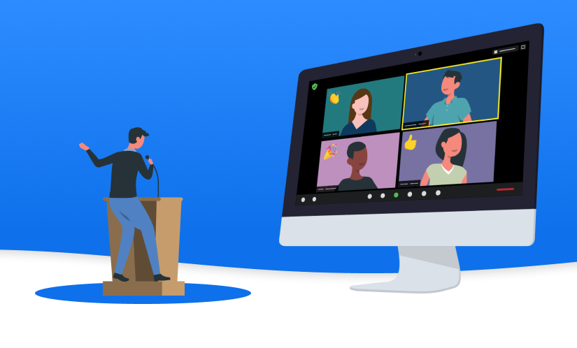 Ilustración gráfica del hombre en el podio frente a una gran pantalla de equipo con galería de personas simulando un evento virtual