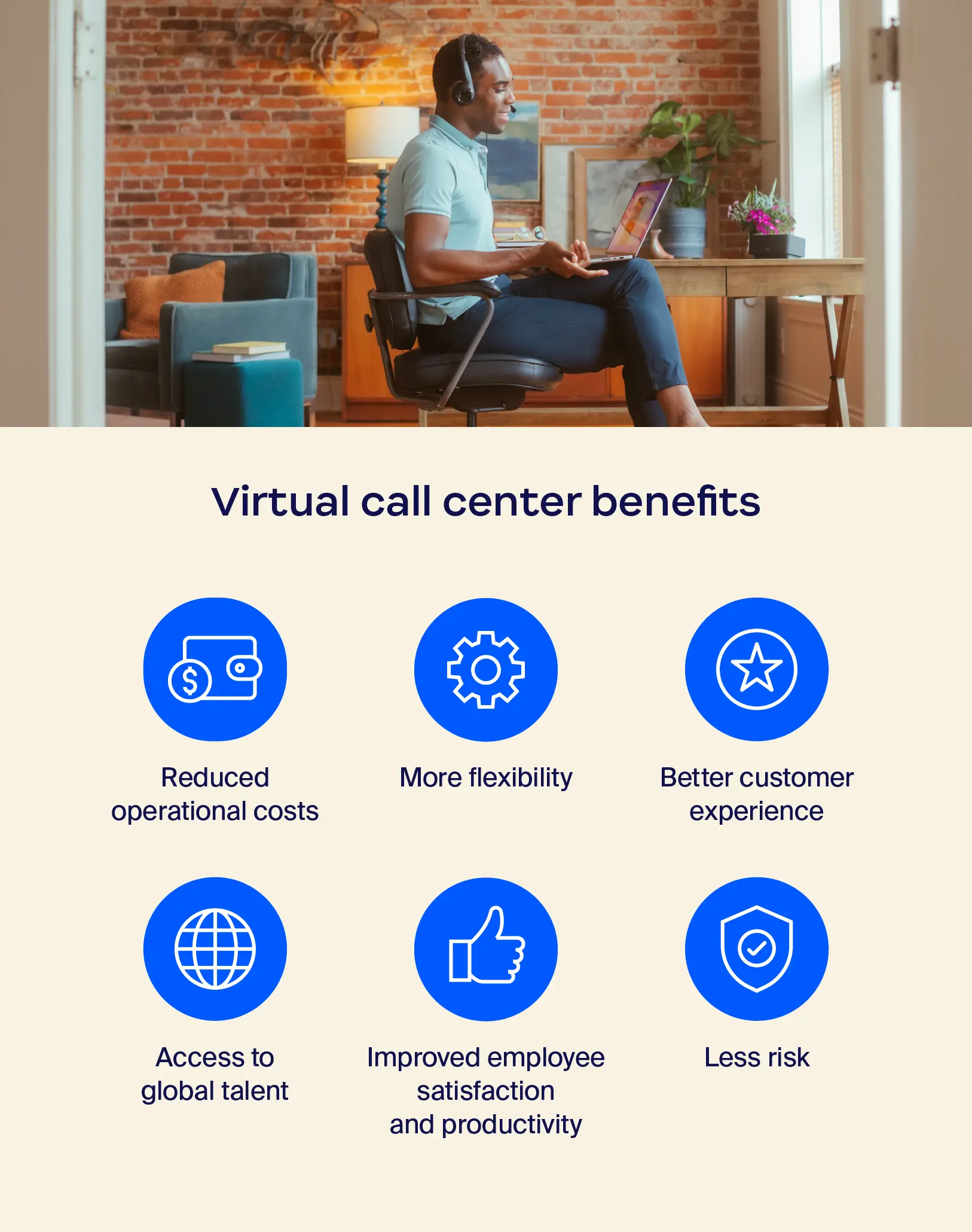 Photo of a person taking a customer service call at home beside list of benefits of virtual call centers