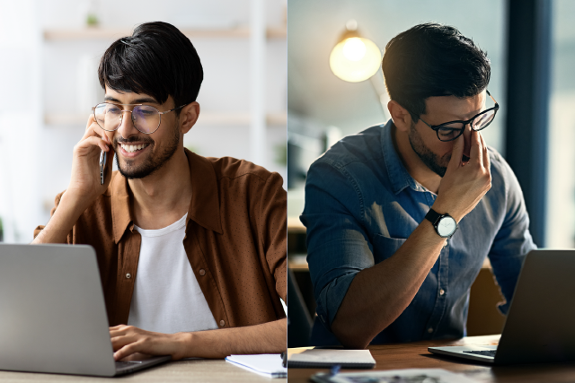 Image displaying two employees experiencing positive work culture and negative work culture respectively