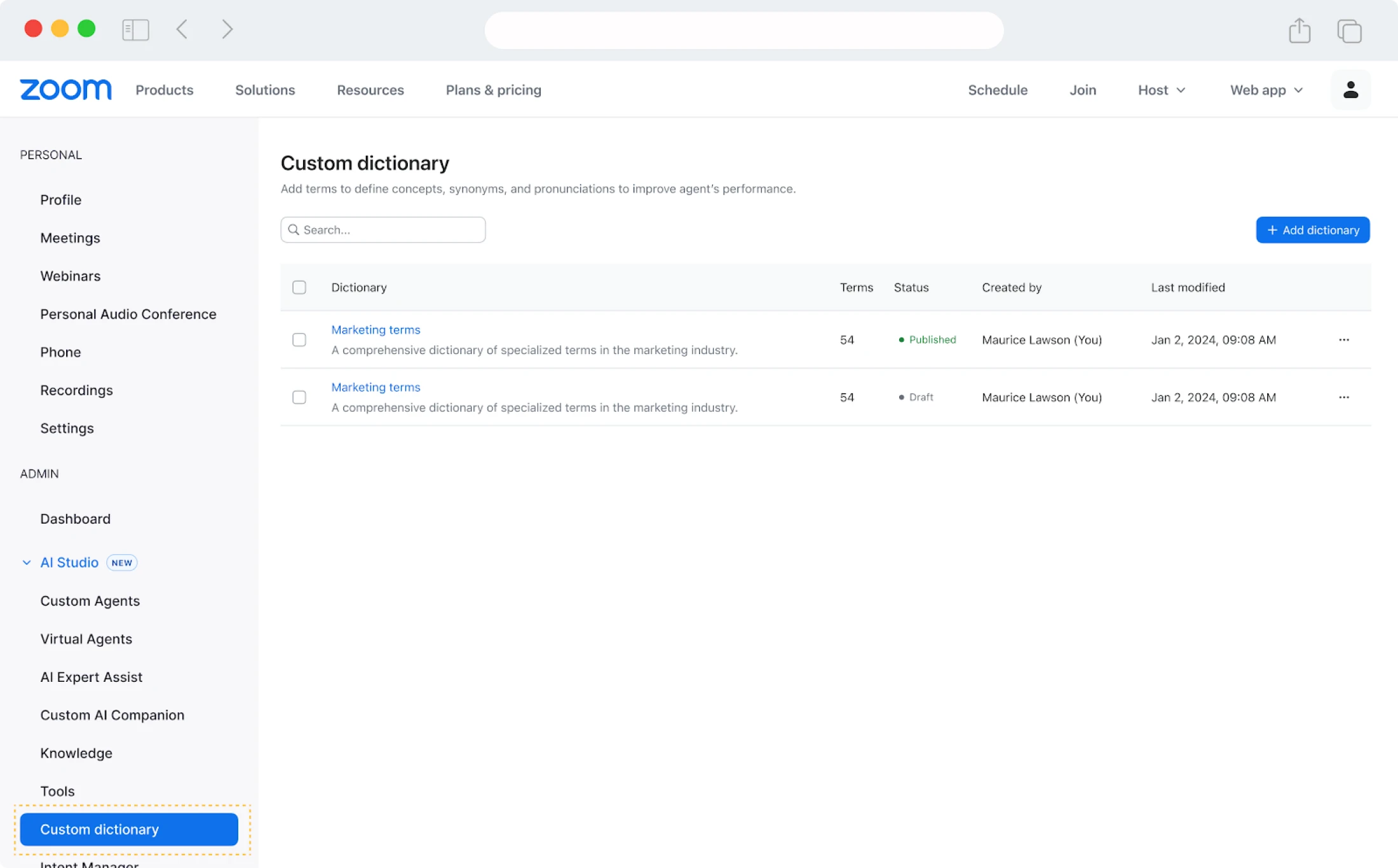 ZVA Custom Dictionary